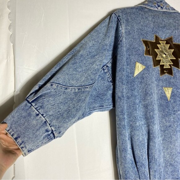 Vintage 90s Marshall Rousso Acid Wash Denim Jacket W Gold Western Accents S - Picture 10 of 16